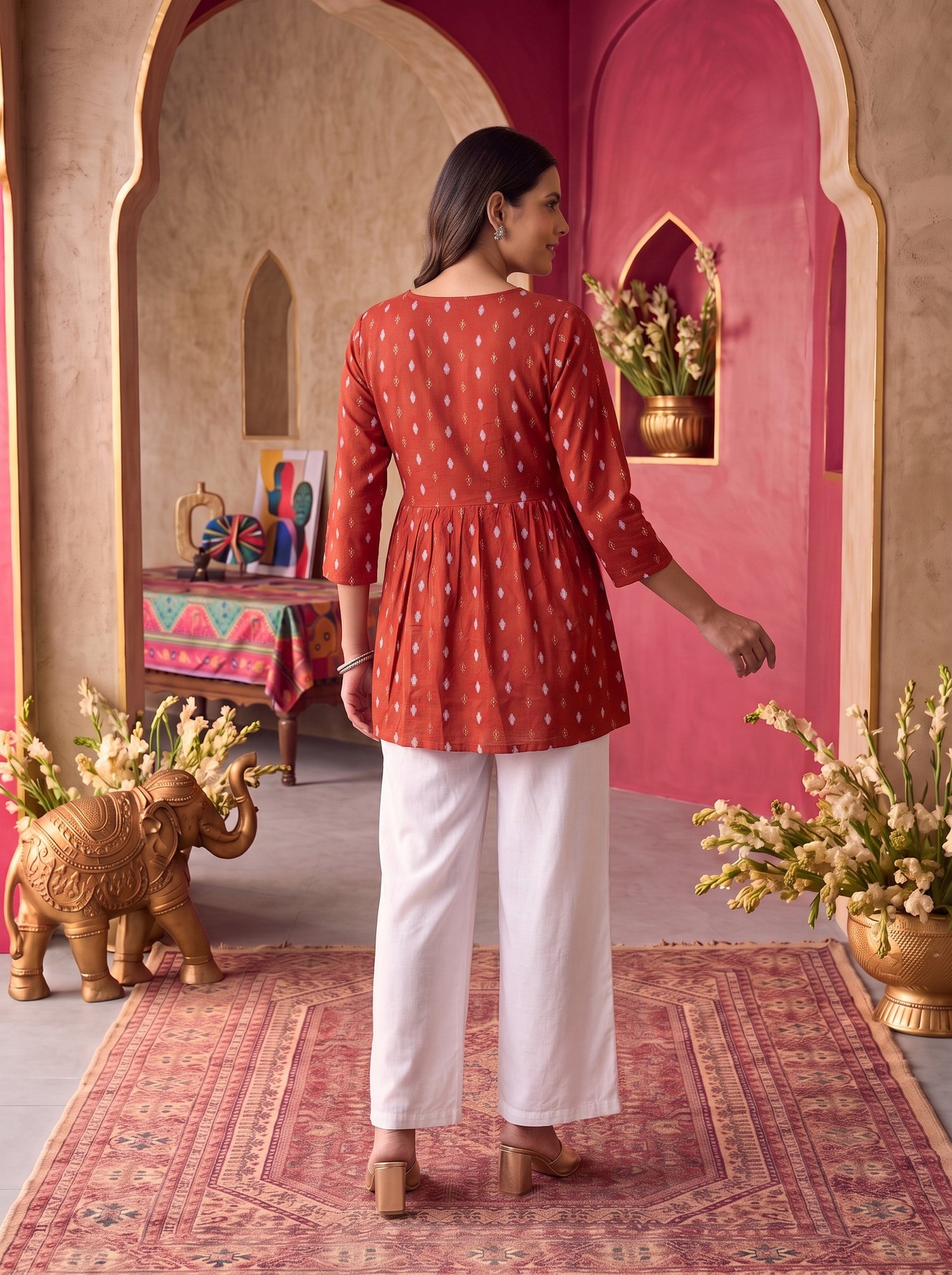 Buy Rayon Embroidered A-Line Short Length Short Kurta-Rust
