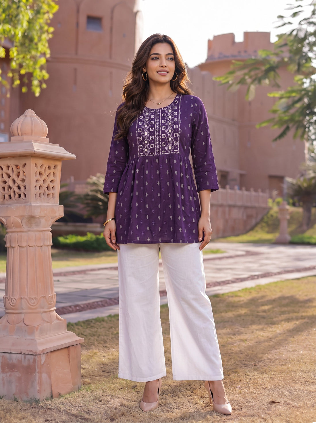 Buy Rayon Embroidered A-Line Short Length Short Kurta-Purple
