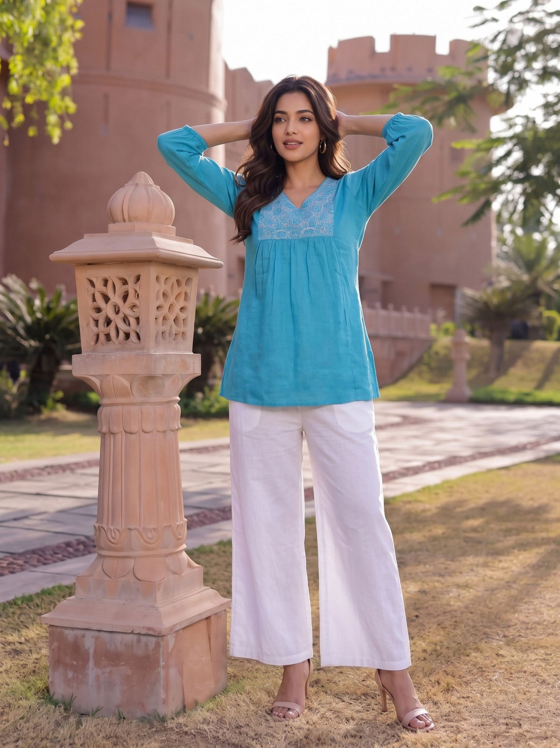 Buy Cotton Embroidered A-Line Short Length Short Kurta-Blue