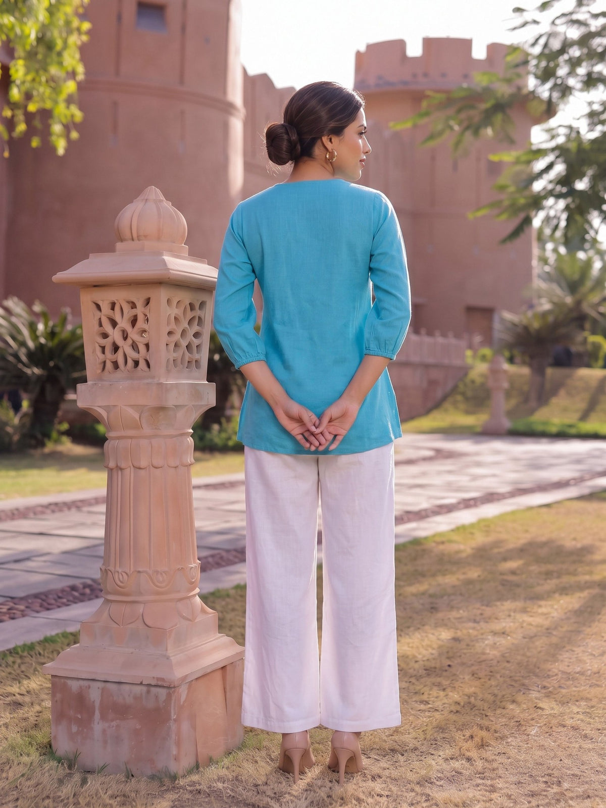 Buy Cotton Embroidered A-Line Short Length Short Kurta-Blue