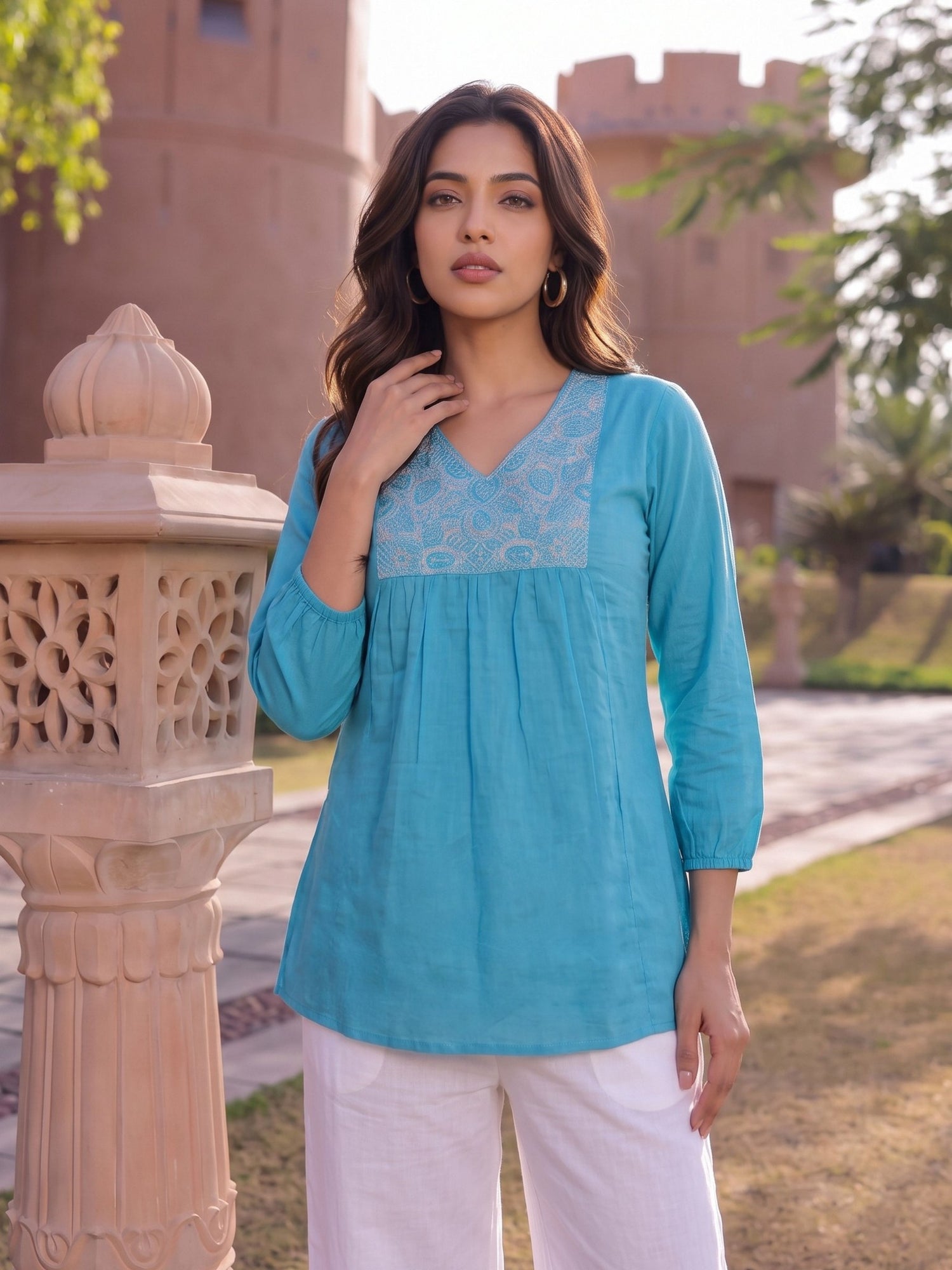 Buy Cotton Embroidered A-Line Short Length Short Kurta-Blue