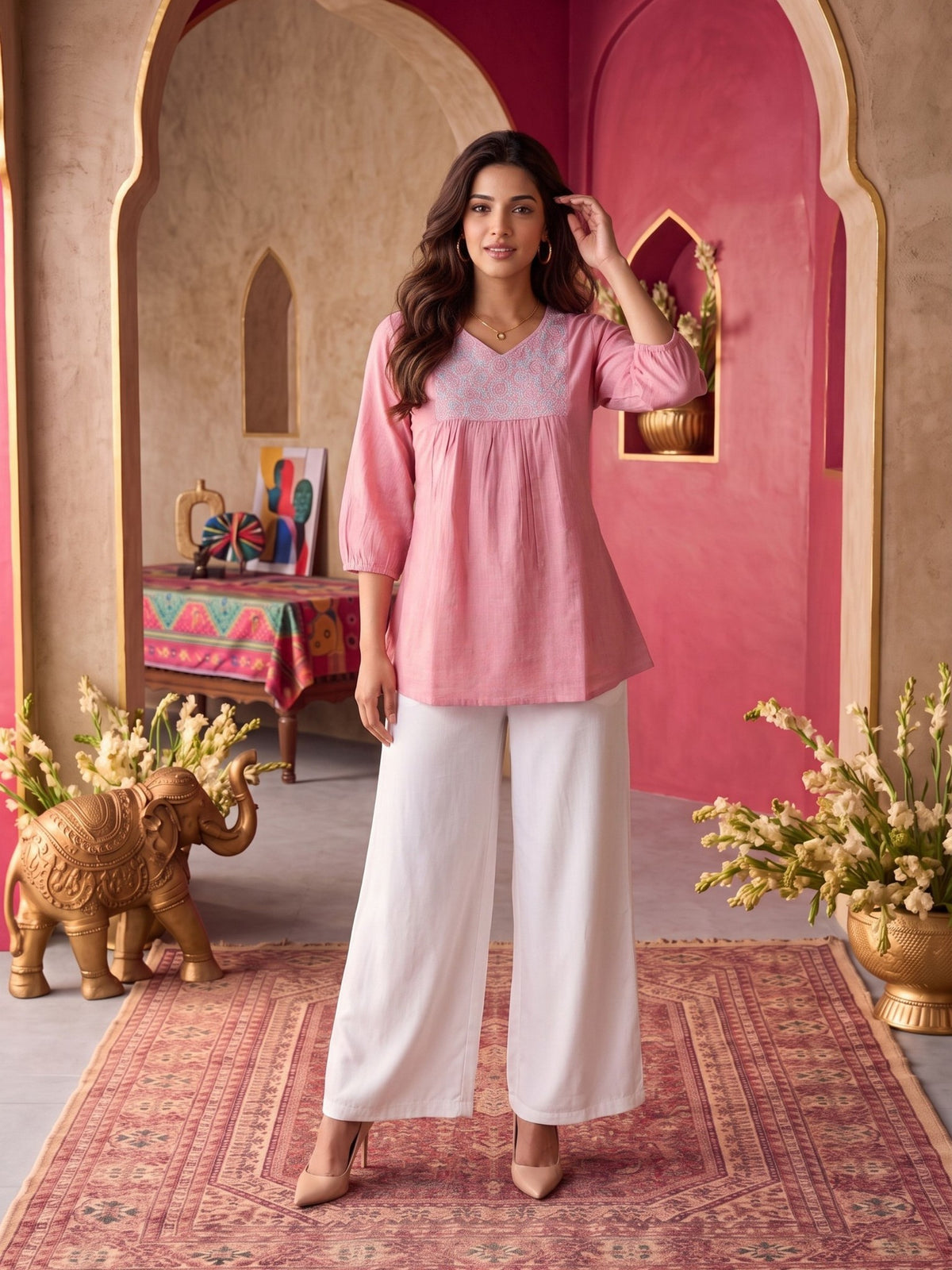 Buy Cotton Embroidered A-Line Short Length Short Kurta-Peach