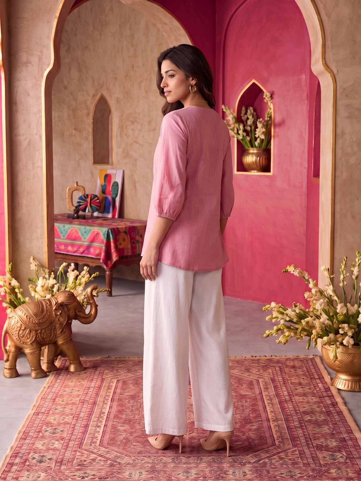 Buy Cotton Embroidered A-Line Short Length Short Kurta-Peach
