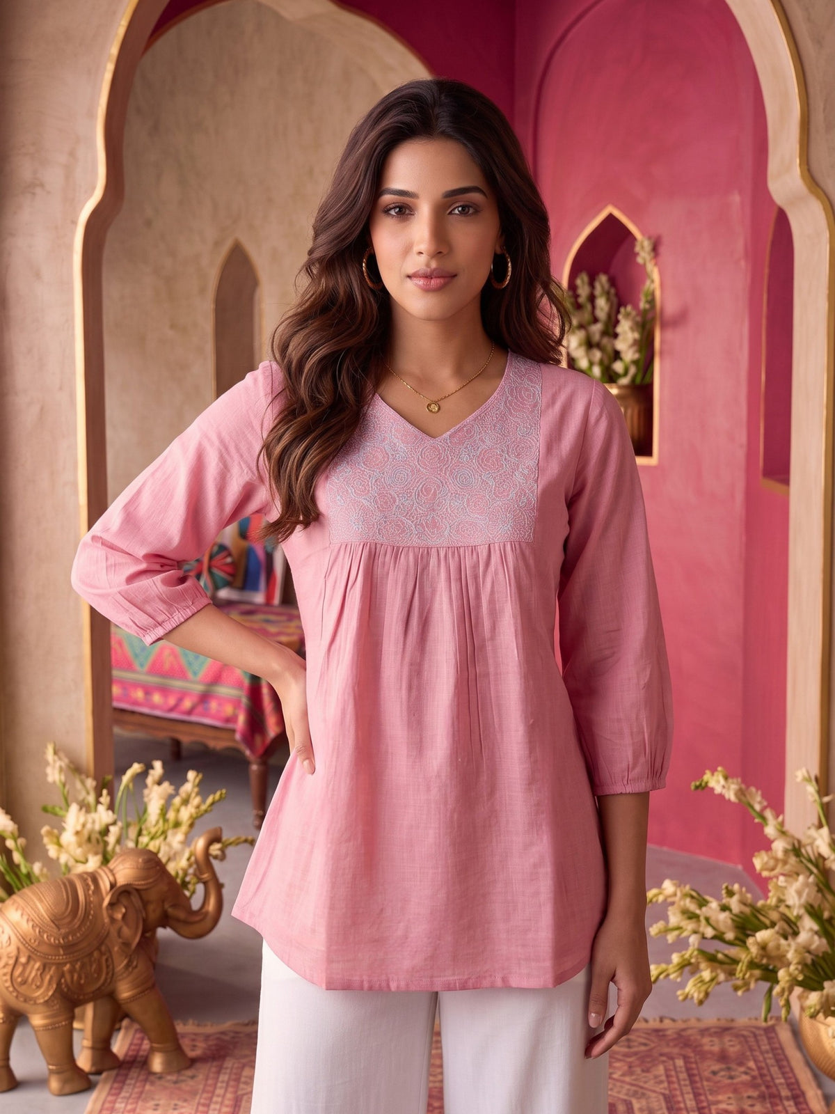 Buy Cotton Embroidered A-Line Short Length Short Kurta-Peach