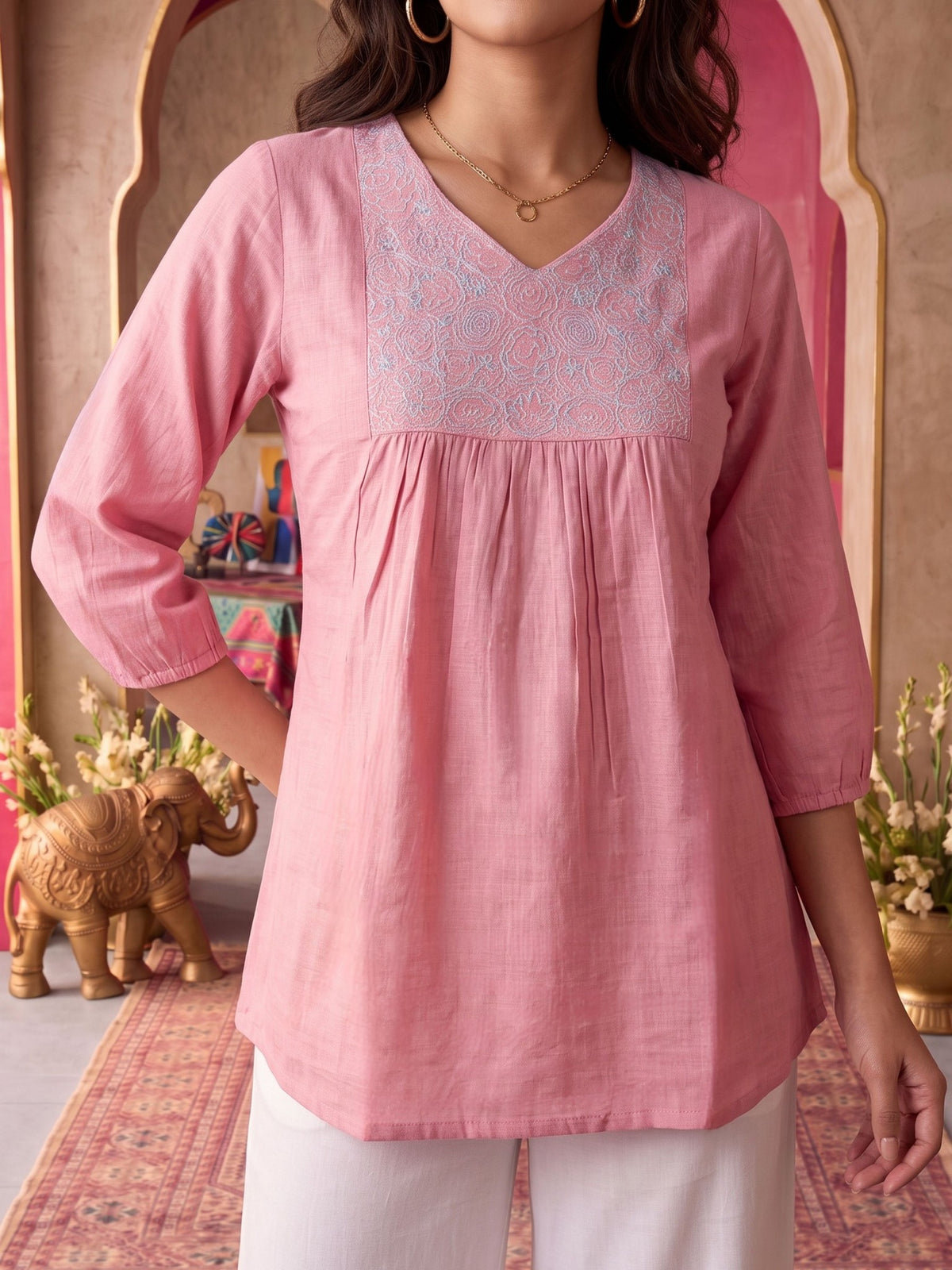 Cotton Embroidered A-Line Short Length Short Kurta