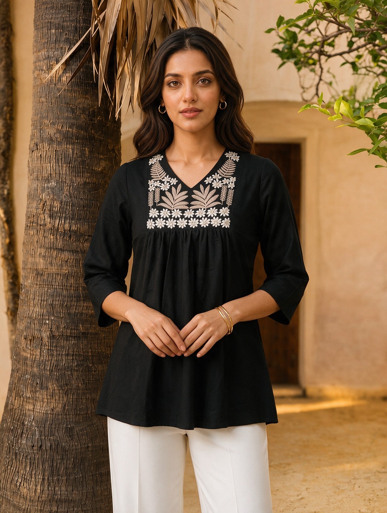 Buy Cotton Embroidered A-Line Short Length Short Kurta-Black
