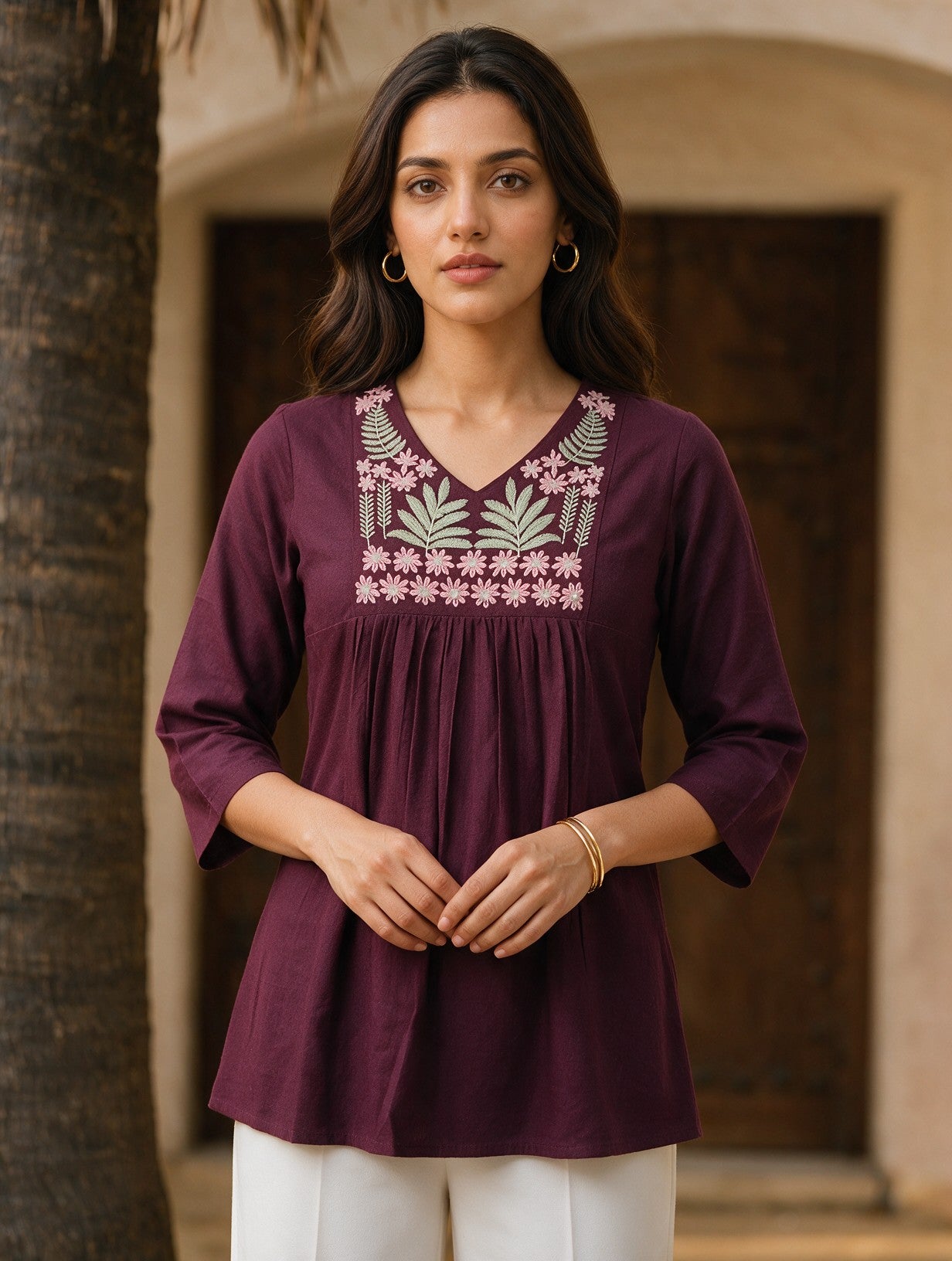 Buy Cotton Embroidered A-Line Short Length Short Kurta-Wine