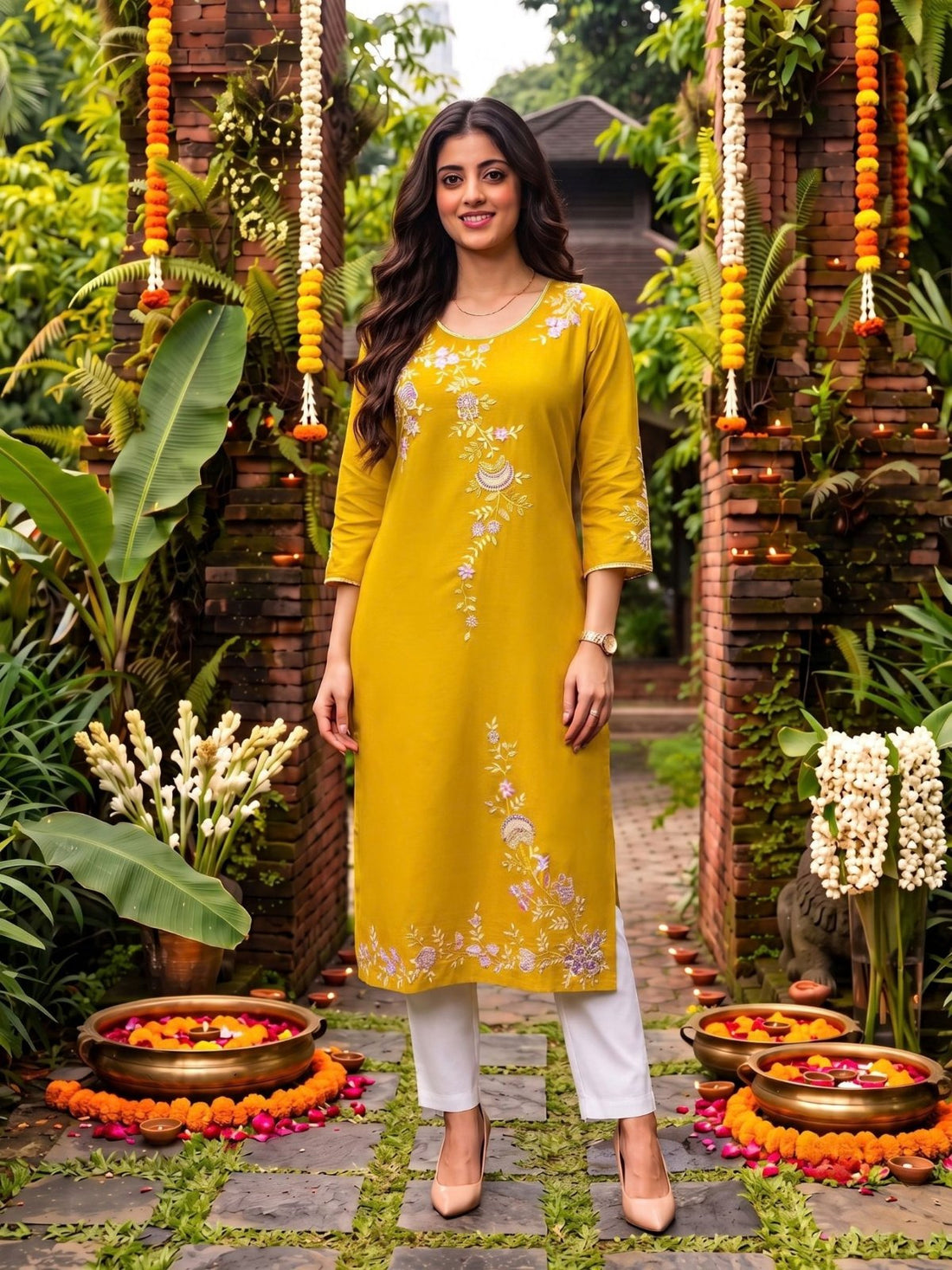 Buy Viscose Embroidered Straight Calf Length Kurta-Mustard