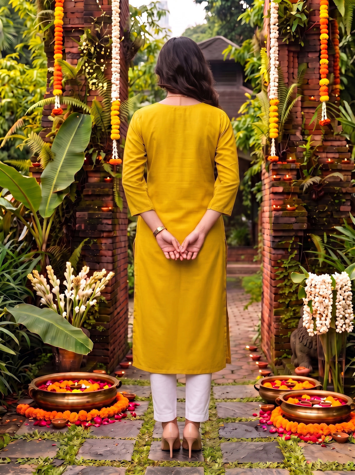 Buy Viscose Embroidered Straight Calf Length Kurta-Mustard