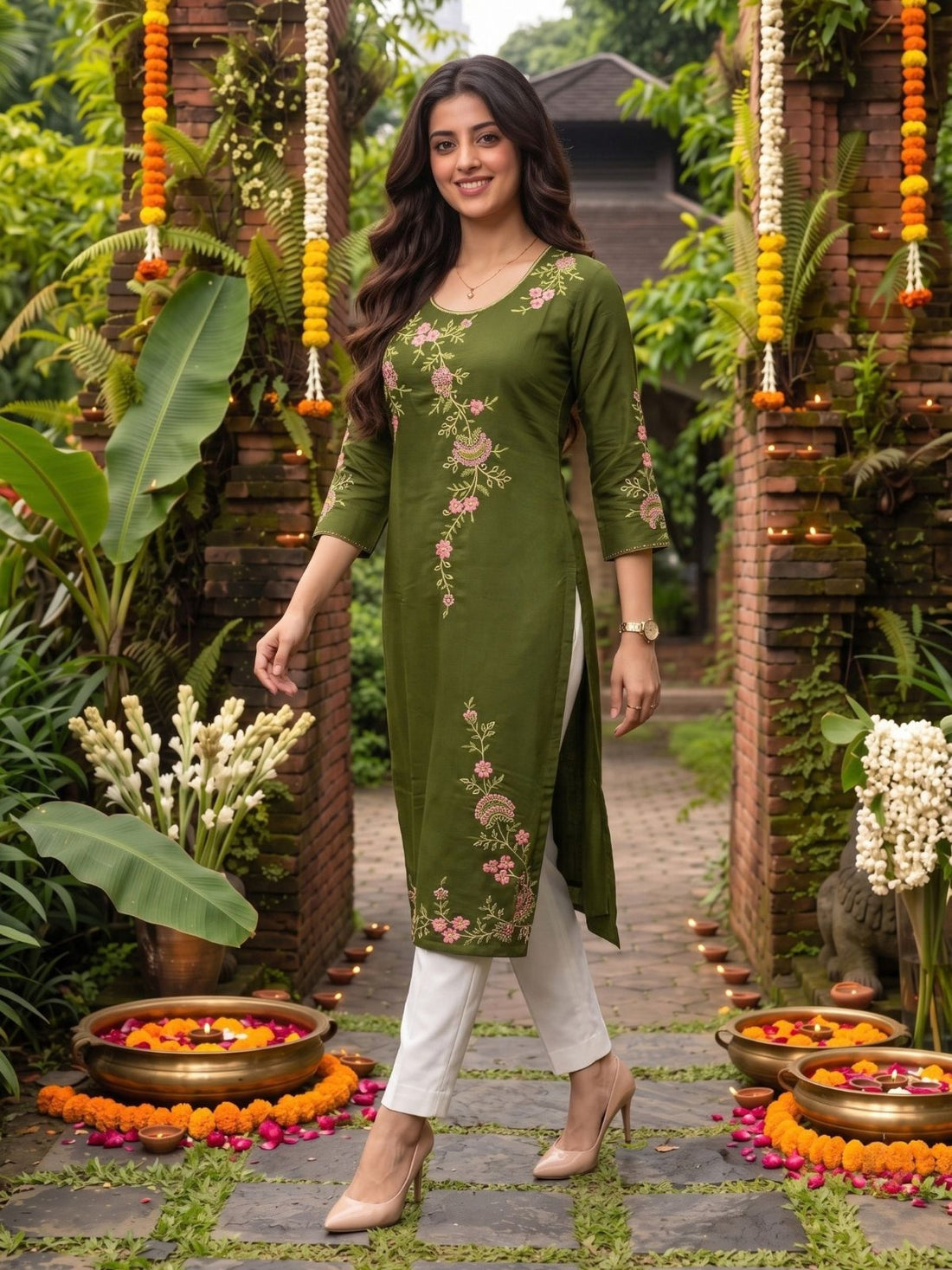 Buy Viscose Embroidered Straight Calf Length Kurta-Olive