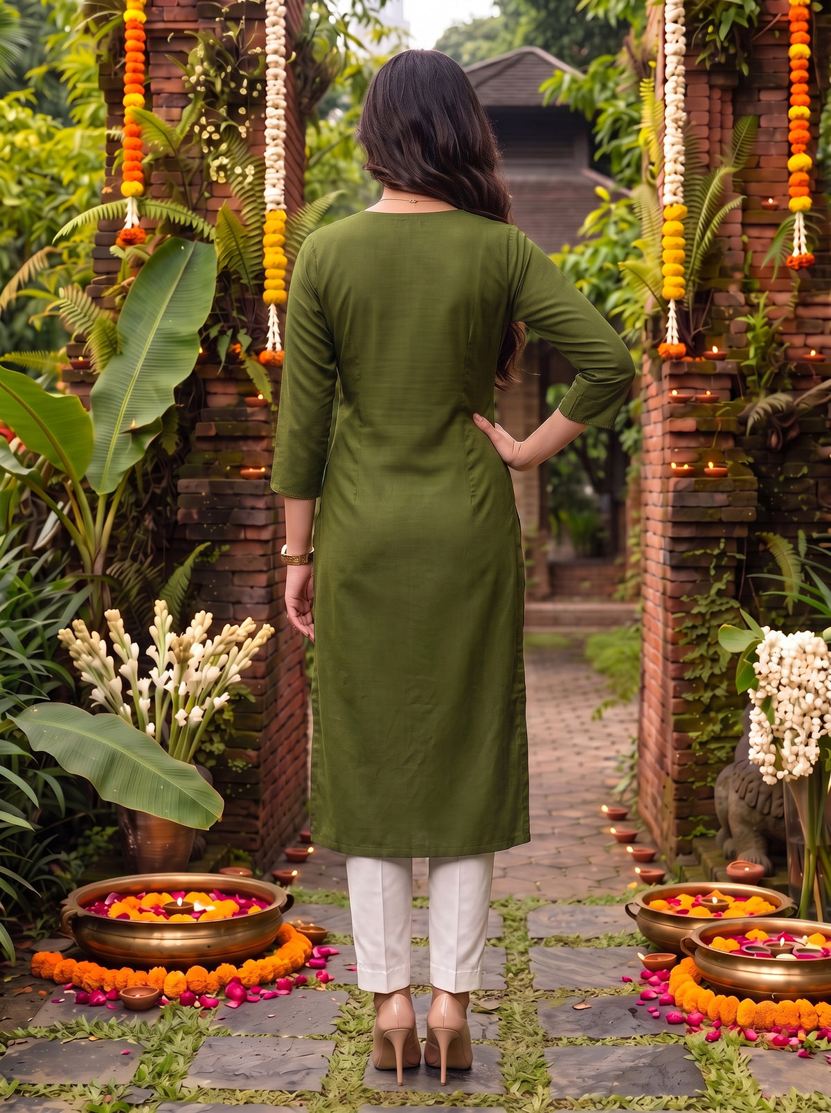 Buy Viscose Embroidered Straight Calf Length Kurta-Olive