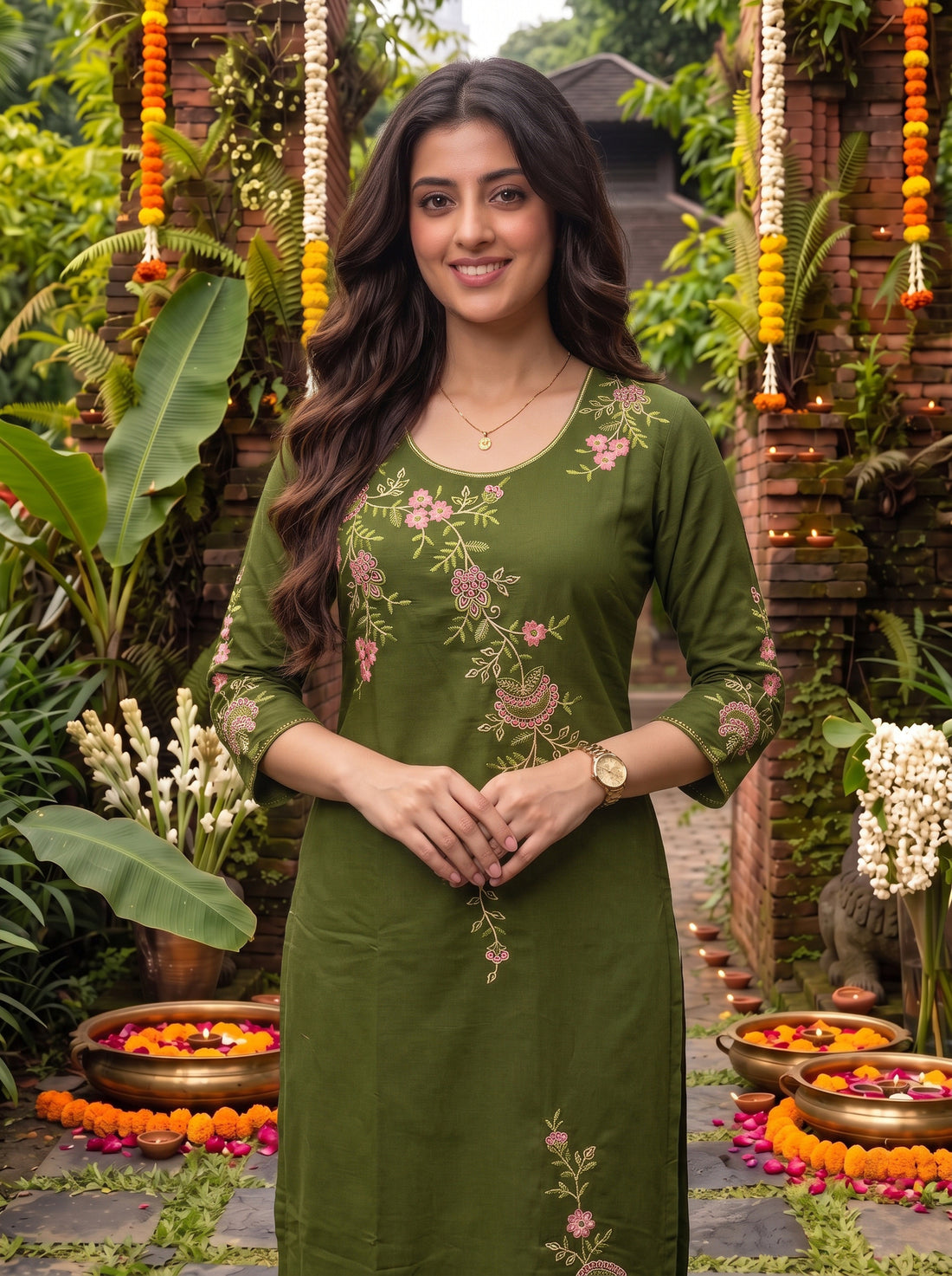 Buy Viscose Embroidered Straight Calf Length Kurta-Olive
