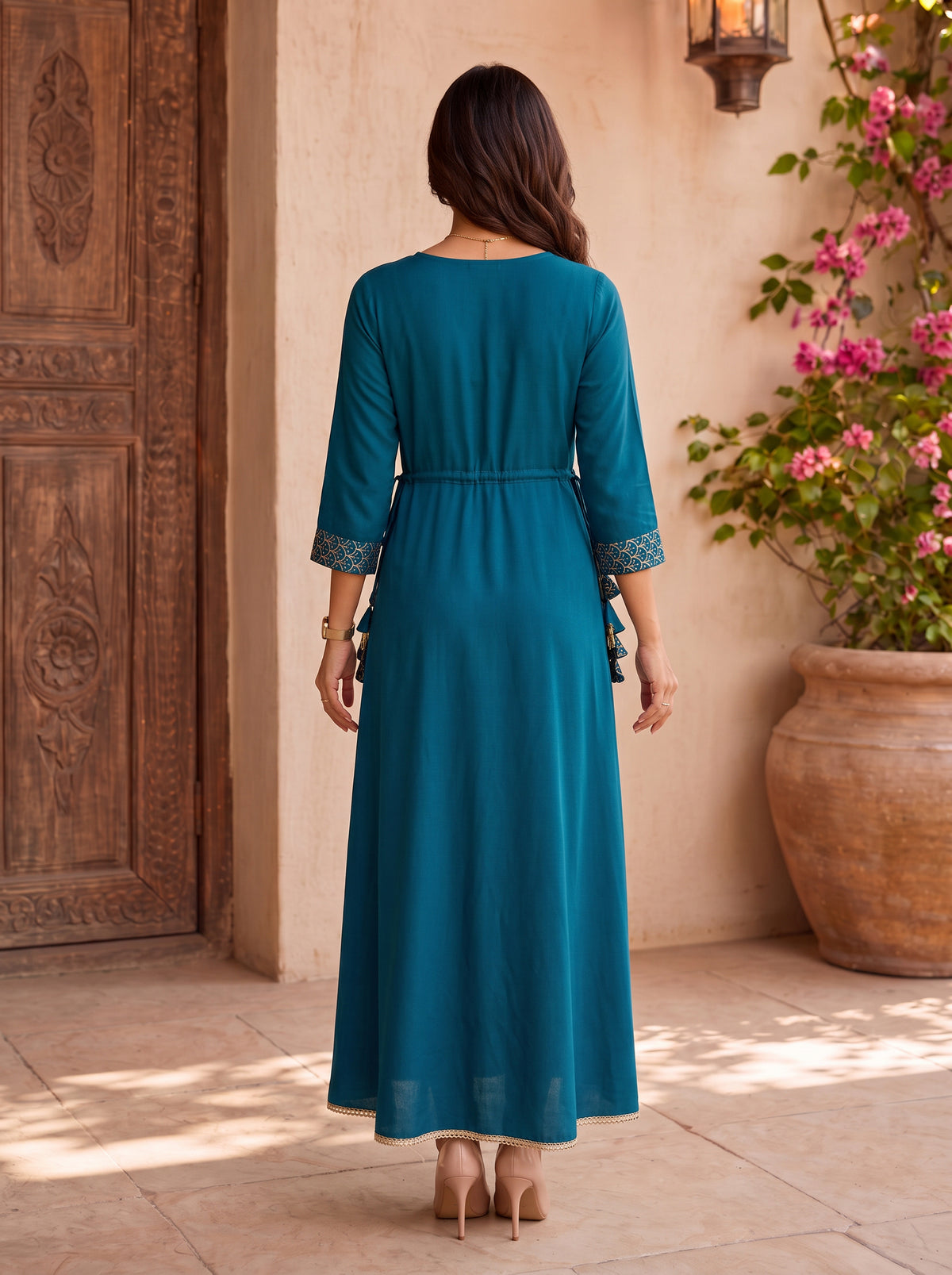 Buy Rayon Embroidered Flared Calf Length Dress-Teal
