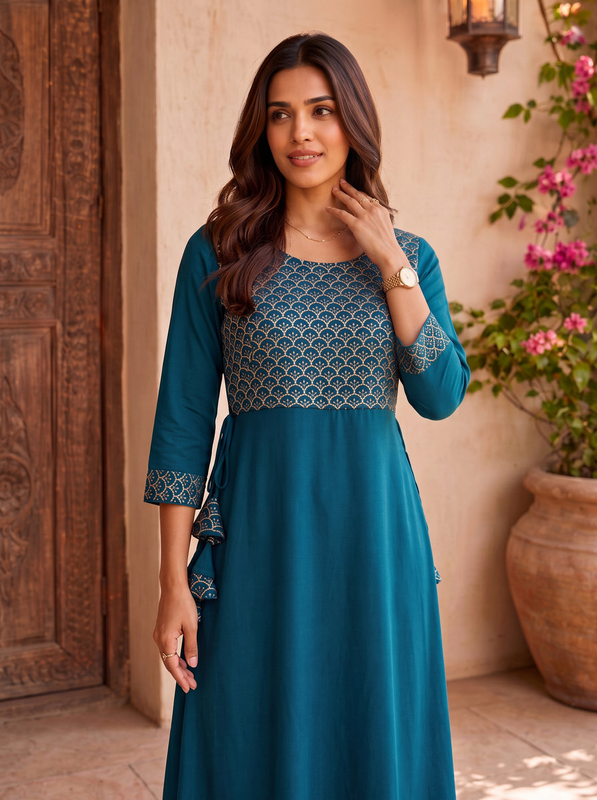 Rayon Embroidered Flared Calf Length Dress