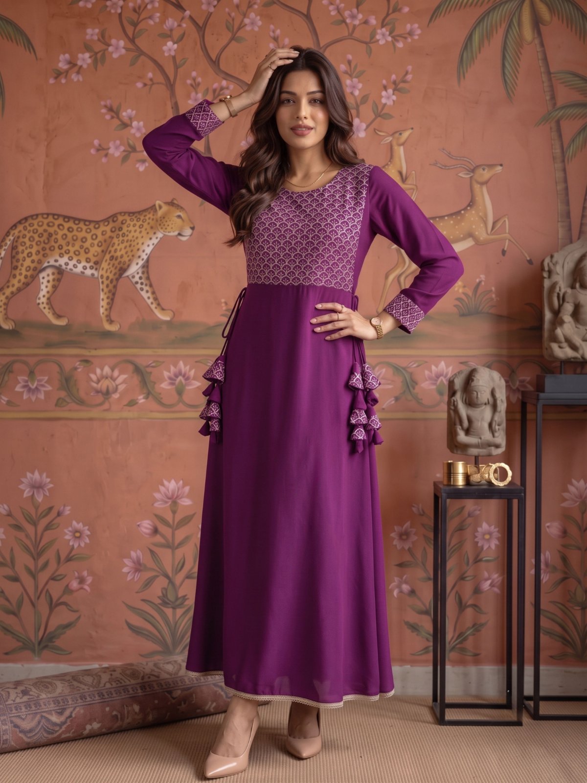 Rayon Embroidered Flared Calf Length Dress