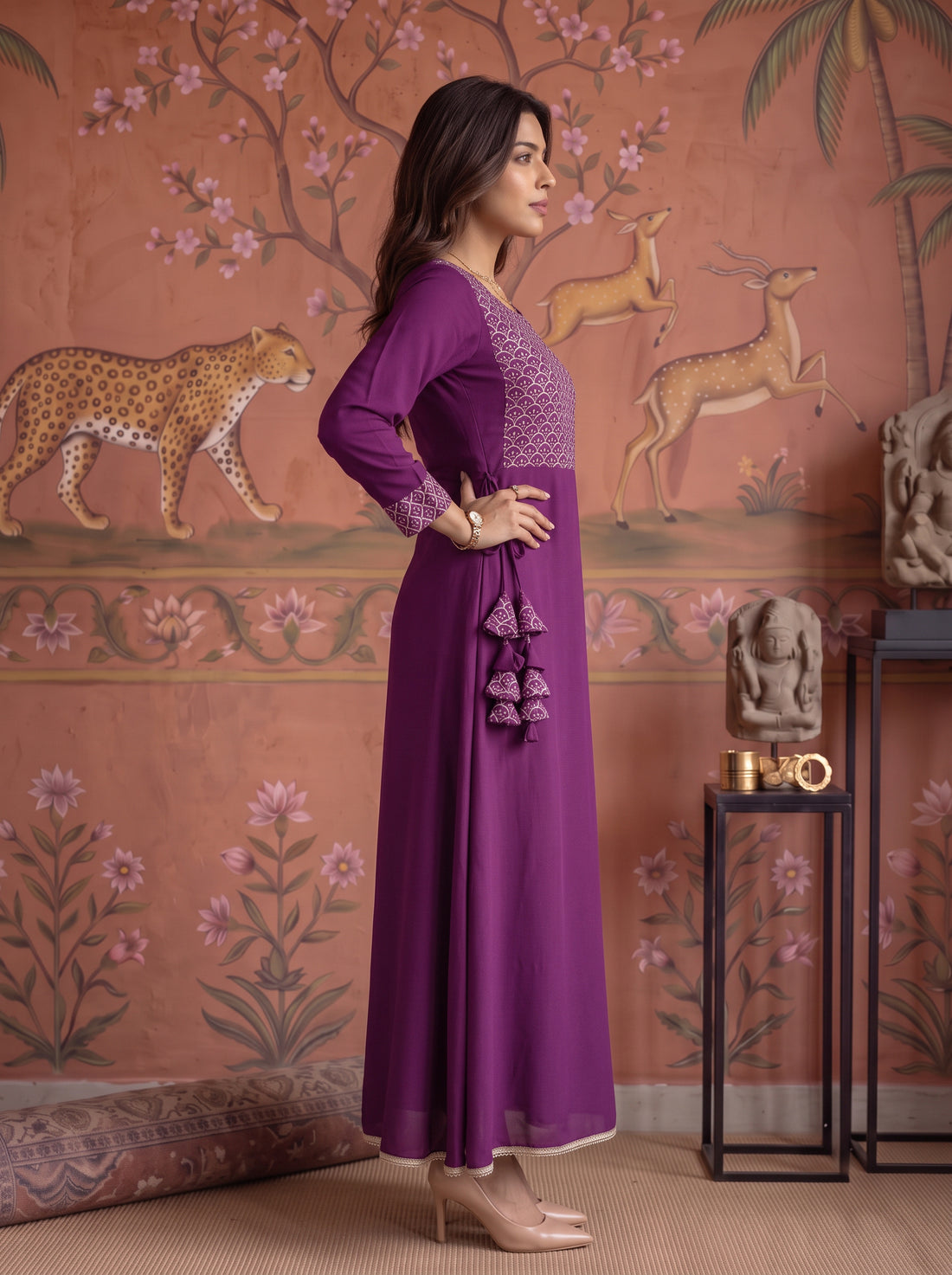 Buy Rayon Embroidered Flared Calf Length Dress-Wine