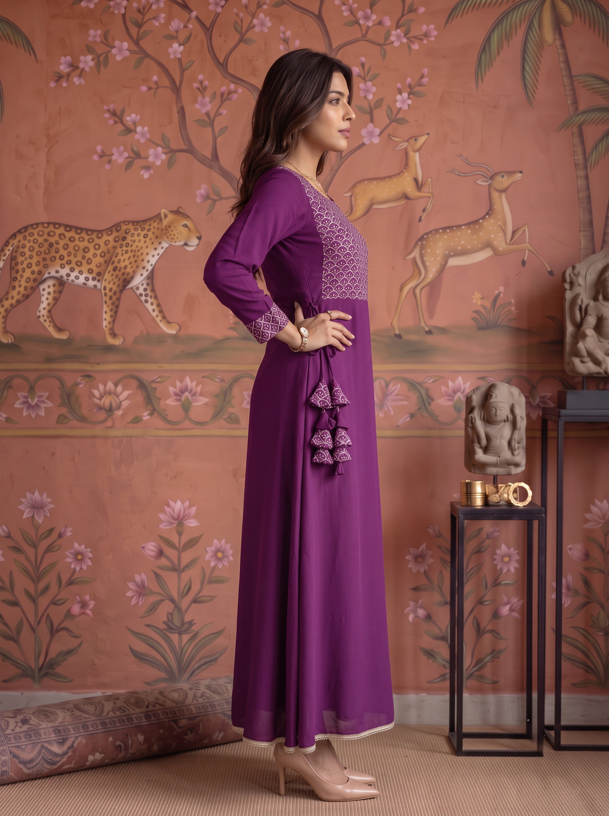 Buy Rayon Embroidered Flared Calf Length Dress-Wine