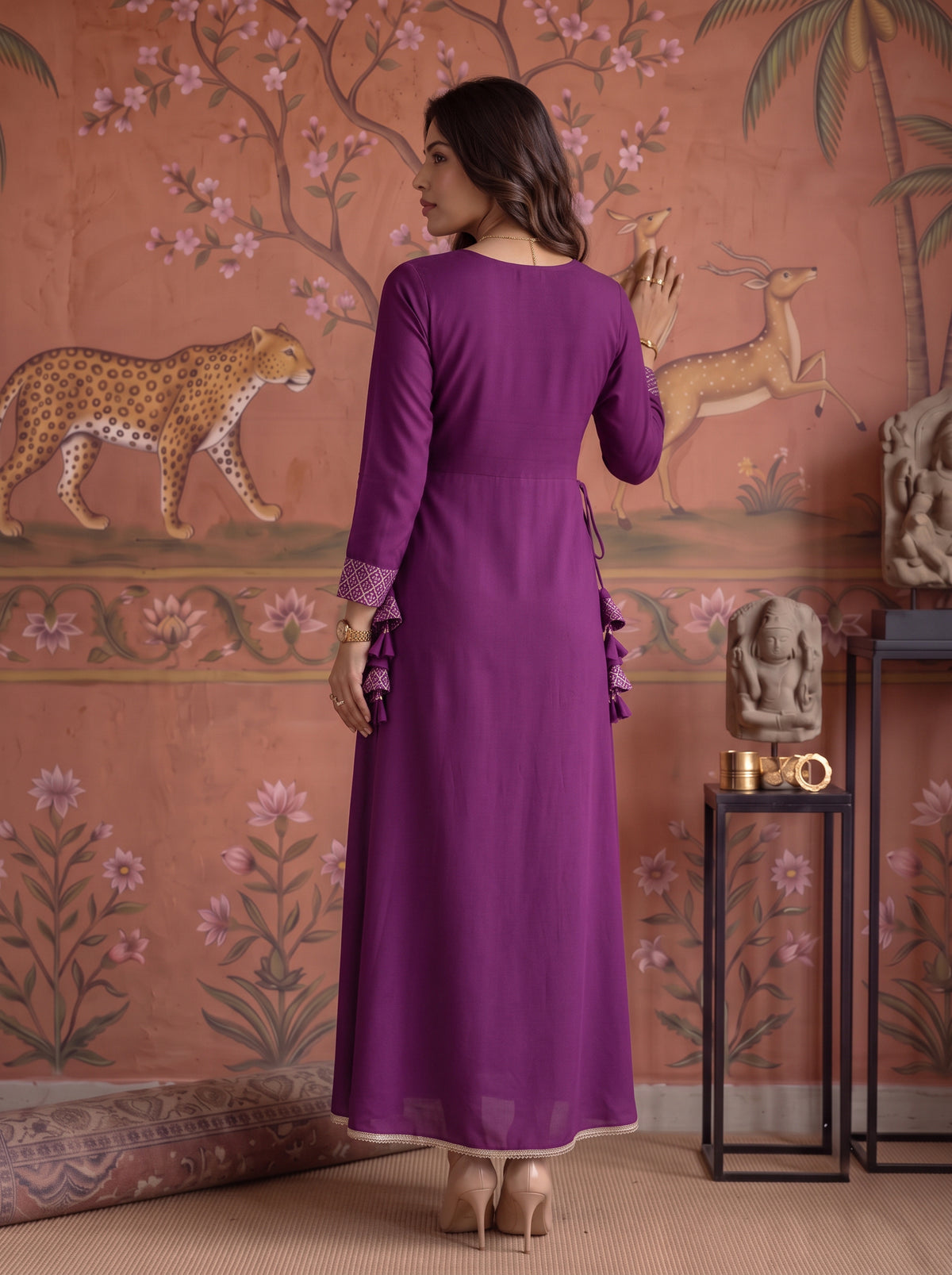 Buy Rayon Embroidered Flared Calf Length Dress-Wine