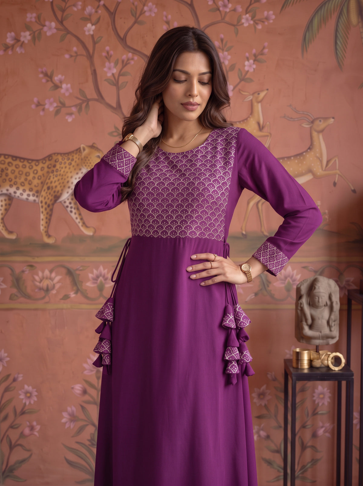 Rayon Embroidered Flared Calf Length Dress