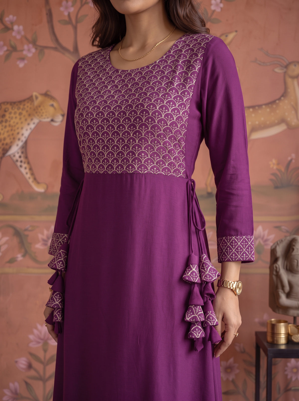 Rayon Embroidered Flared Calf Length Dress