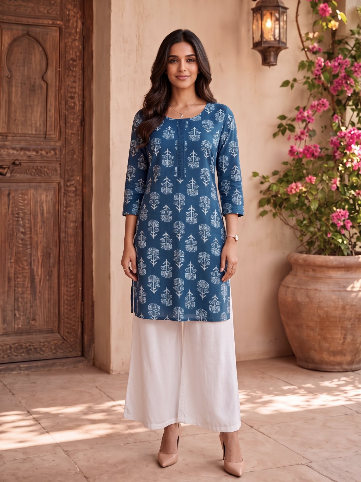 Buy Cotton Printed Straight Knee Length Kurta-Blue