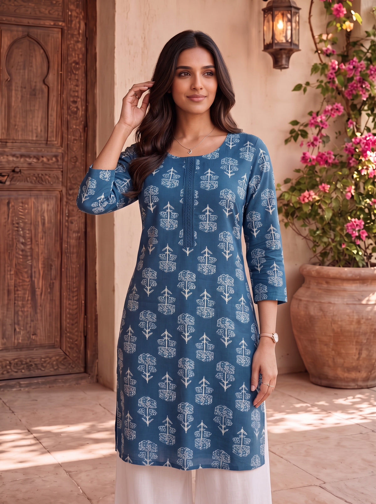 Buy Cotton Printed Straight Knee Length Kurta-Blue