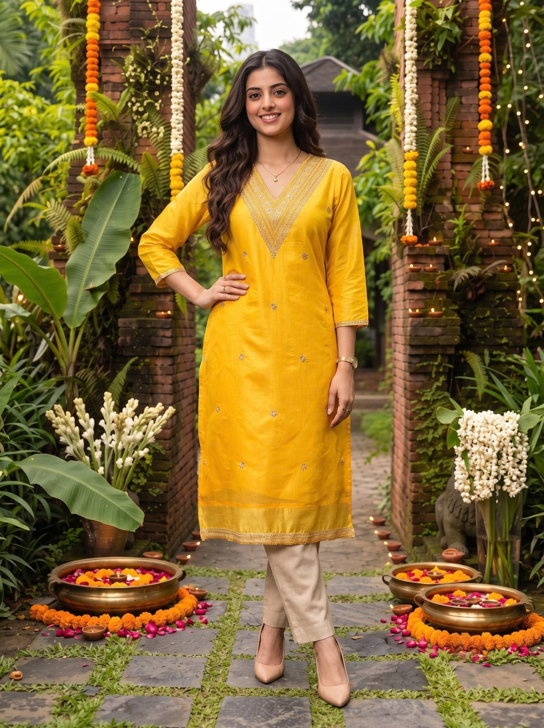 Buy Chanderi Embroidered Straight Calf Length Kurta-Mustard