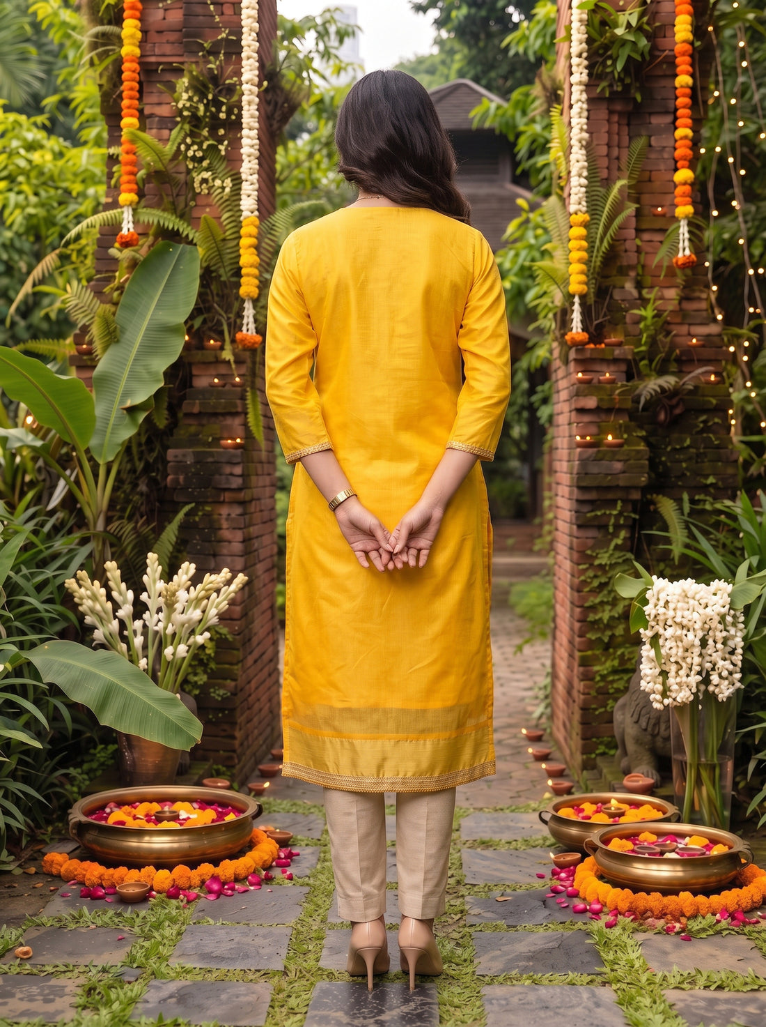 Buy Chanderi Embroidered Straight Calf Length Kurta-Mustard