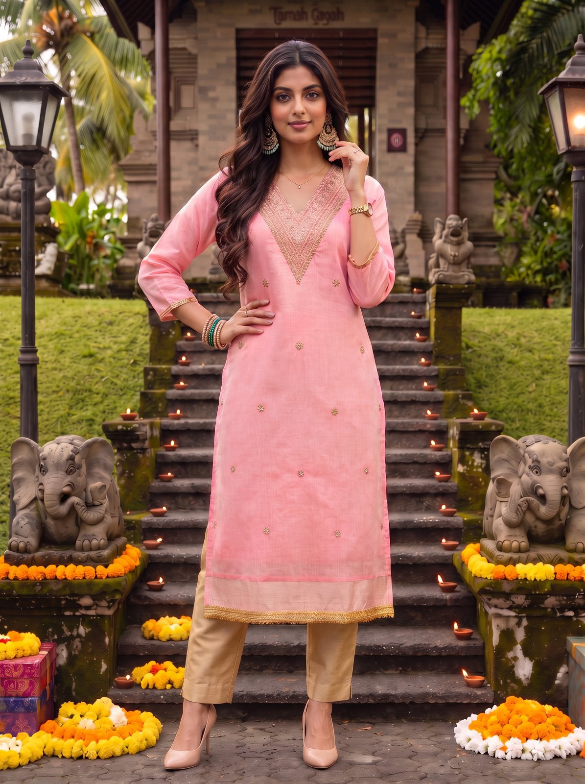 Chanderi Embroidered Straight Calf Length Kurta