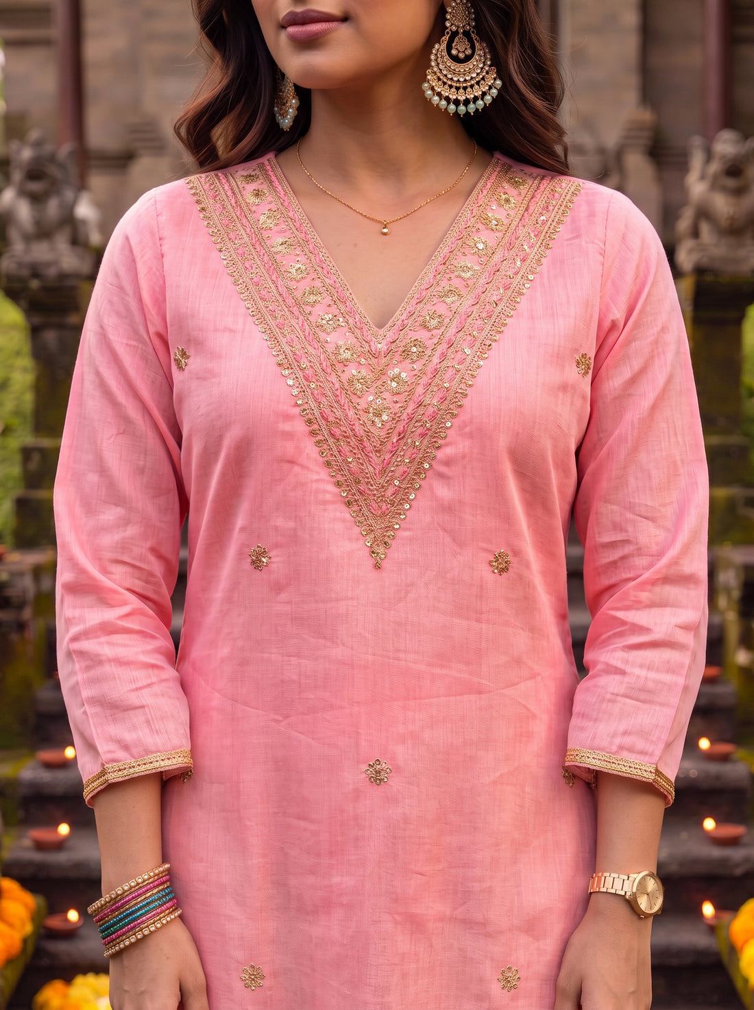 Buy Chanderi Embroidered Straight Calf Length Kurta-Peach