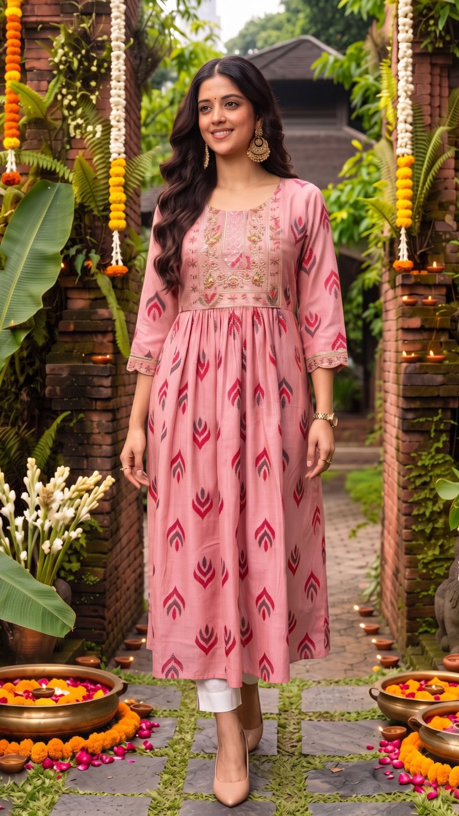 Buy Chanderi Embroidered Flared Calf Length Kurta-Pink
