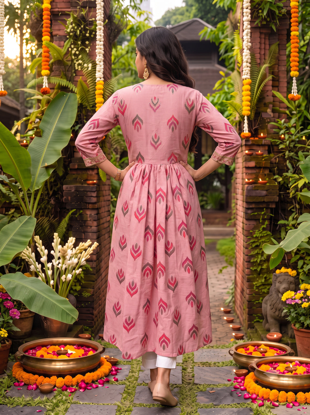 Buy Chanderi Embroidered Flared Calf Length Kurta-Pink