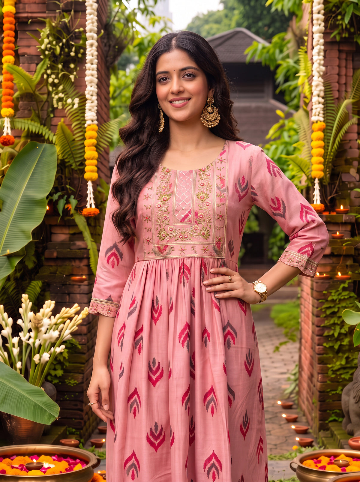 Chanderi Embroidered Flared Calf Length Kurta