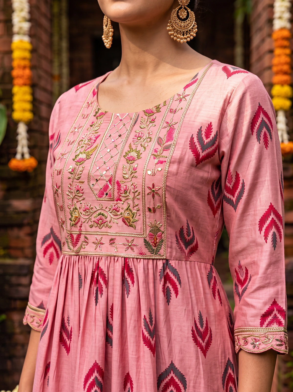 Buy Chanderi Embroidered Flared Calf Length Kurta-Pink