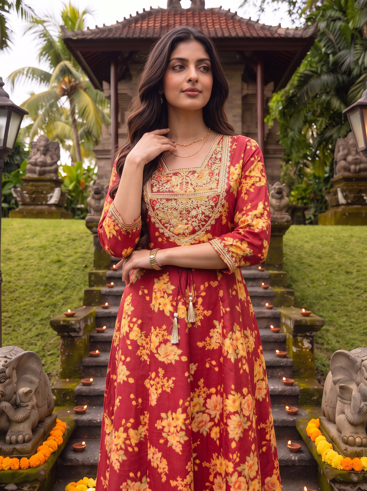 Viscose Embroidered Flared Calf Length Kurta