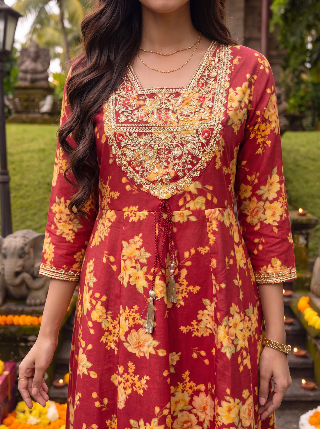 Buy Viscose Embroidered Flared Calf Length Kurta-Maroon