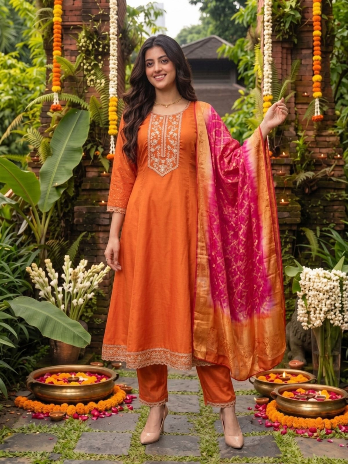 Viscose Embroidered Flared Calf Length Kurta With Pant and Dupatta