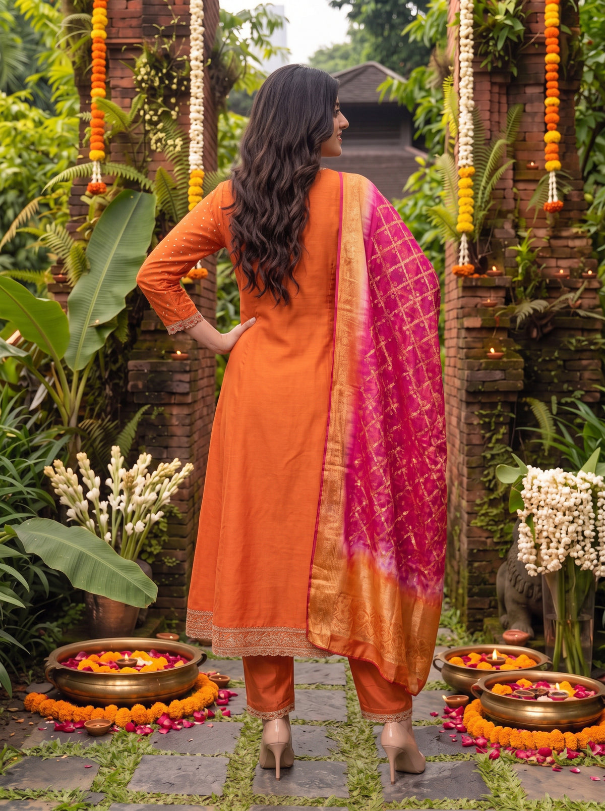 Buy Viscose Embroidered Flared Calf Length Kurta With Pant and Dupatta-Orange