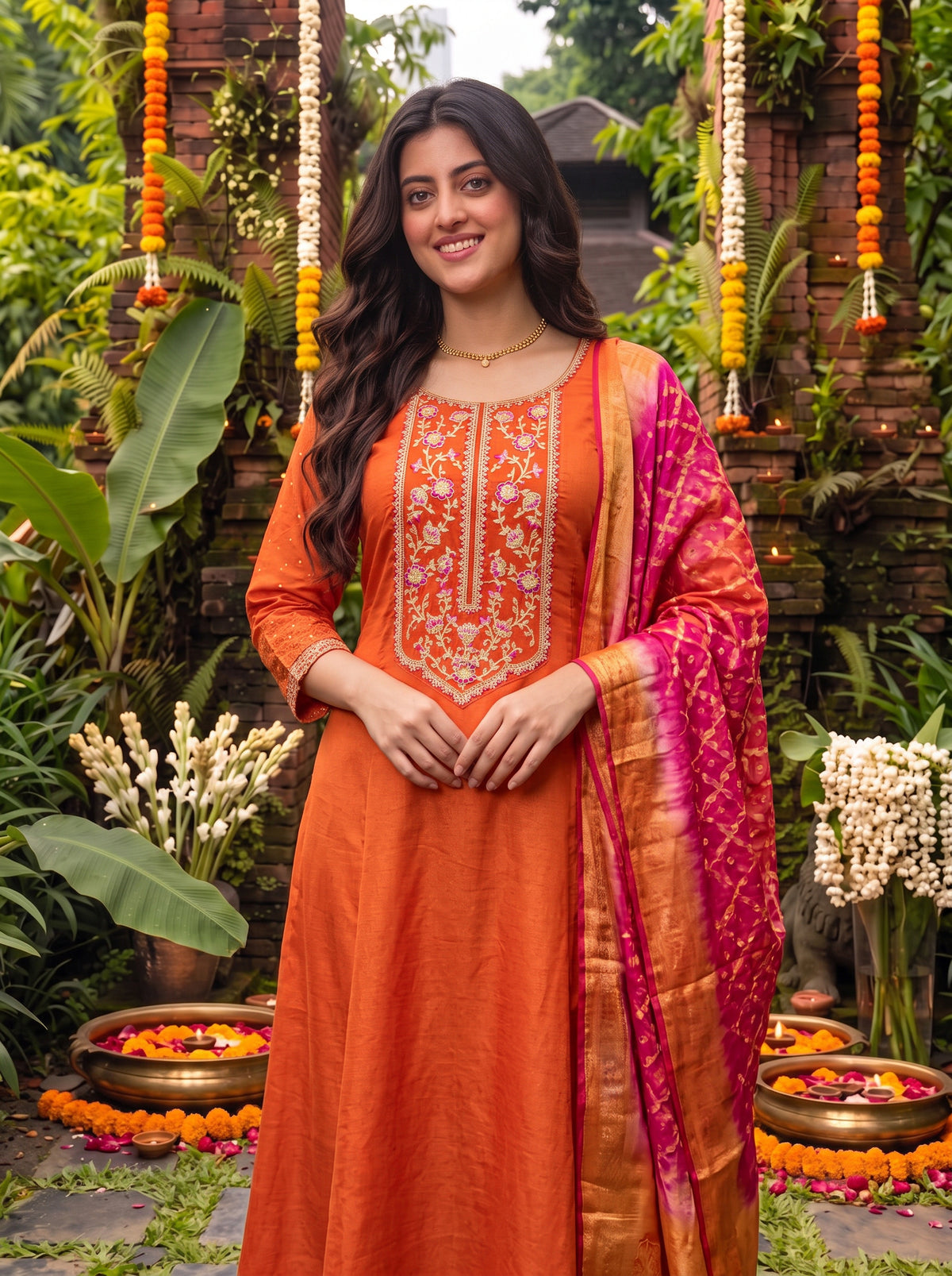 Viscose Embroidered Flared Calf Length Kurta With Pant and Dupatta