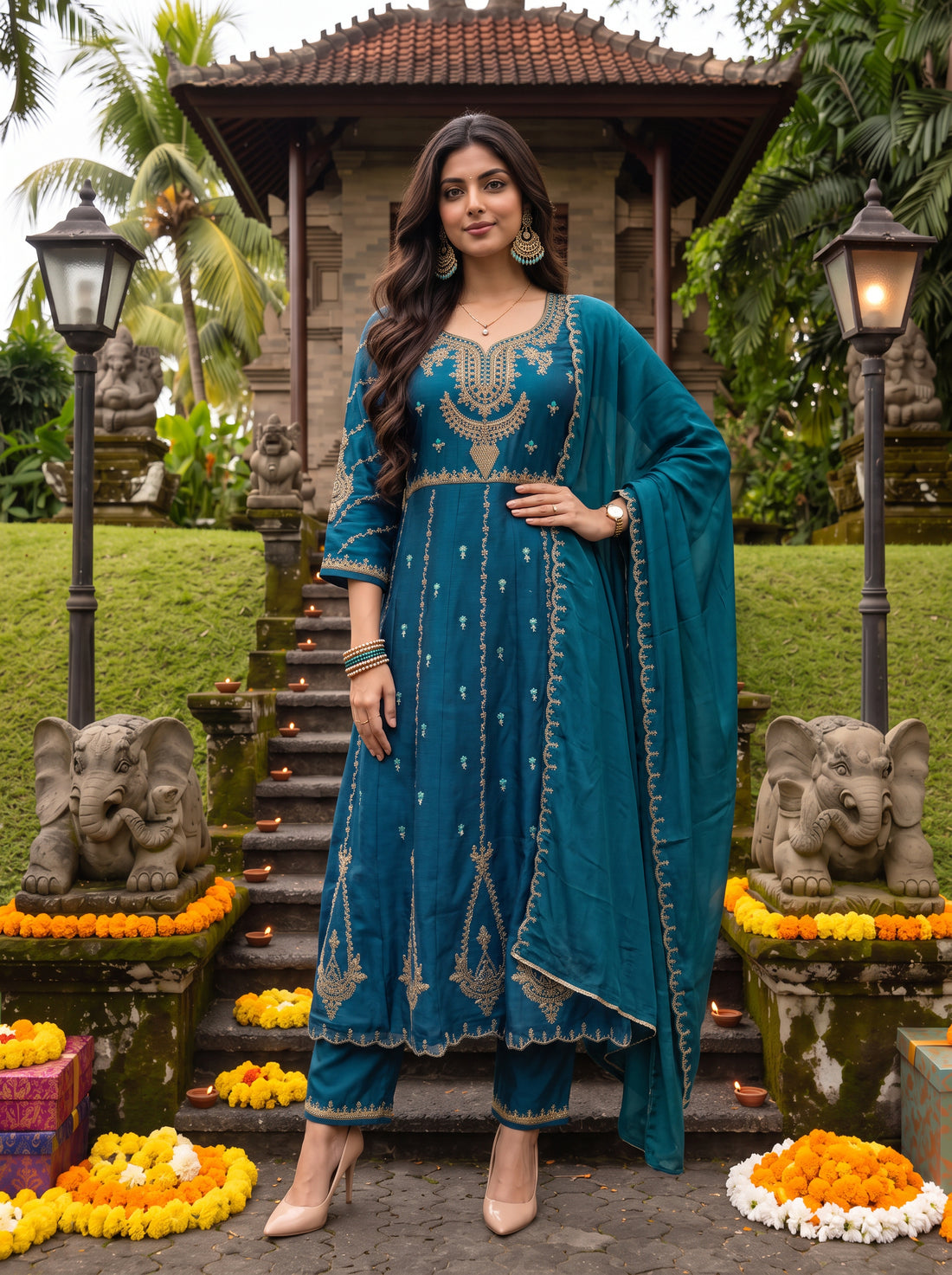 Buy Viscose Embroidered Flared Calf Length Kurta With Pant and Dupatta-Teal