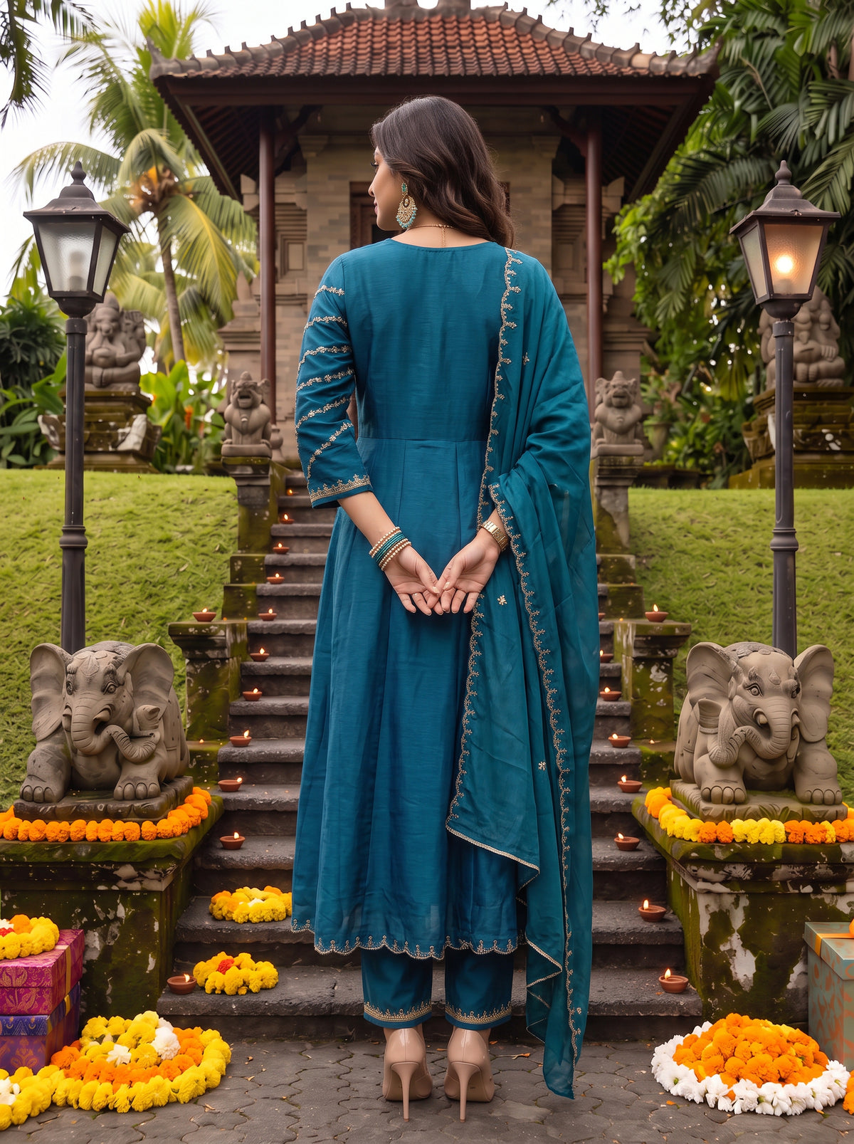 Viscose Embroidered Flared Calf Length Kurta With Pant and Dupatta