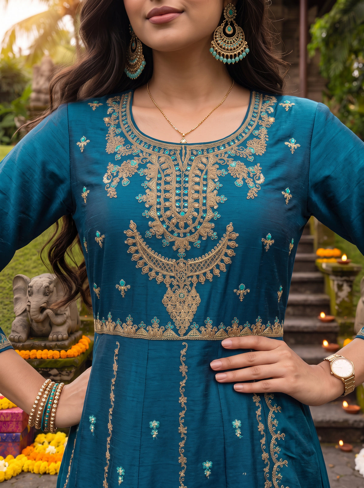 Buy Viscose Embroidered Flared Calf Length Kurta With Pant and Dupatta-Teal