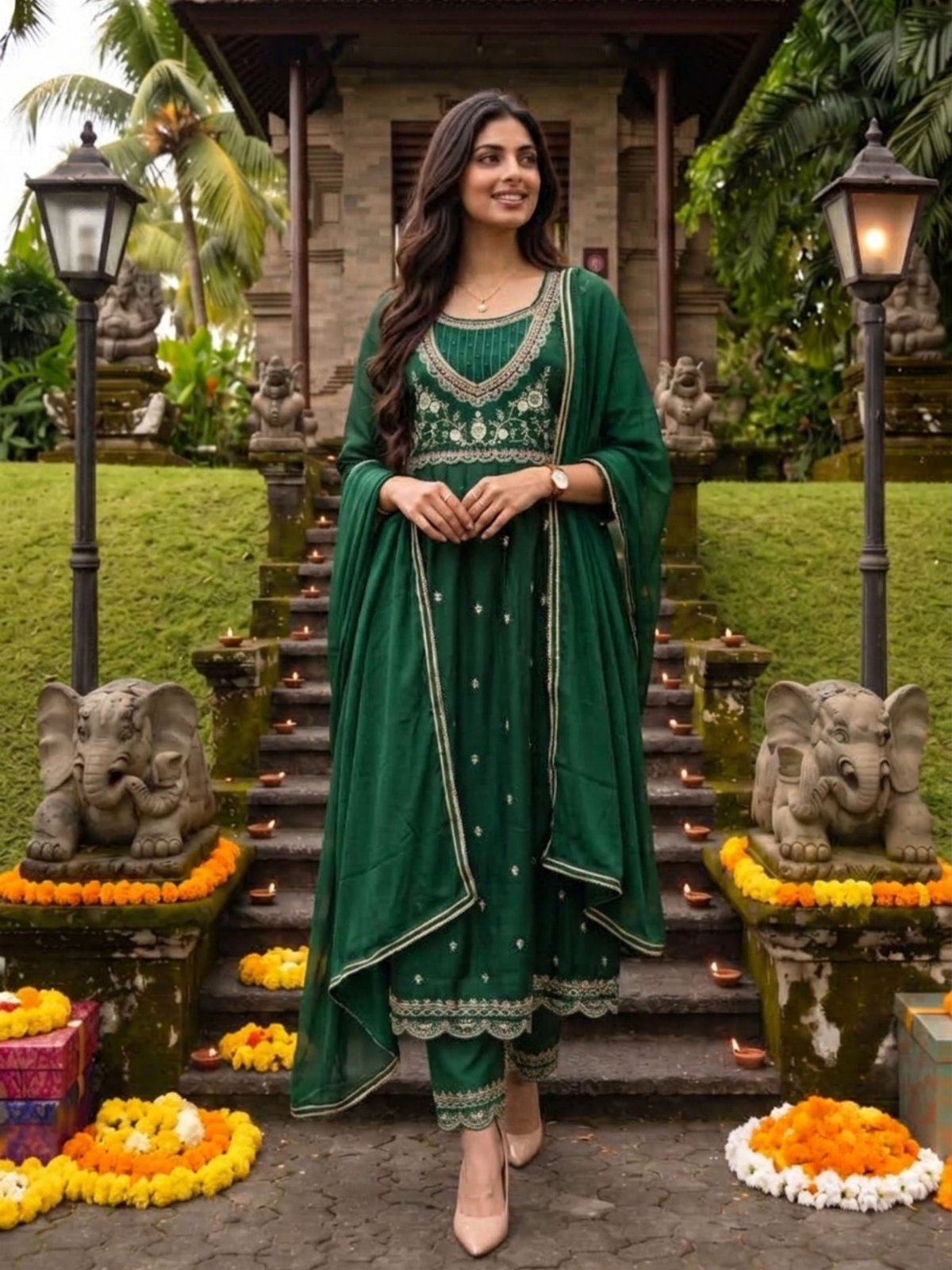 Viscose Embroidered Flared Calf Length Kurta With Pant and Dupatta