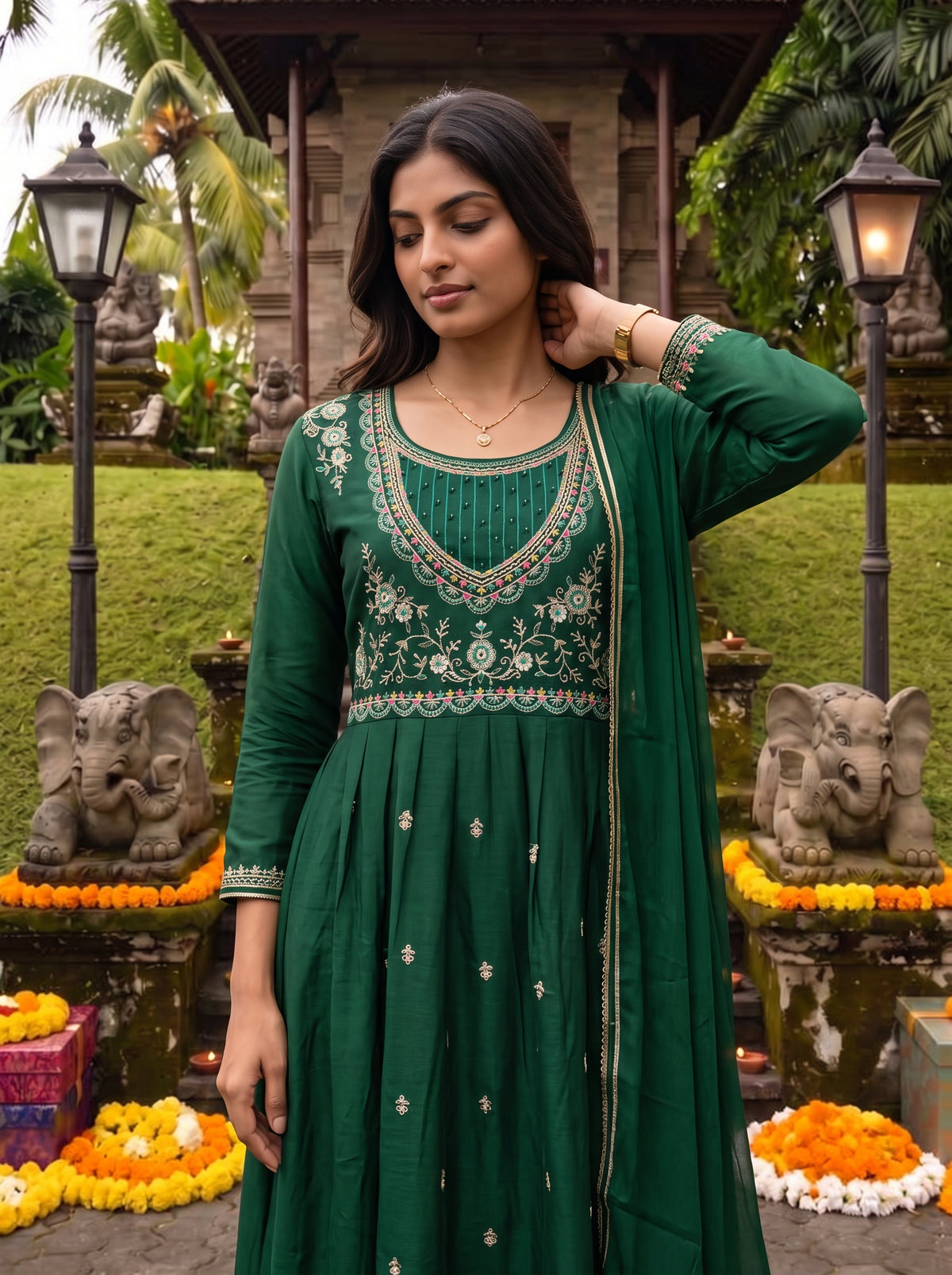 Buy Viscose Embroidered Flared Calf Length Kurta With Pant and Dupatta-Green