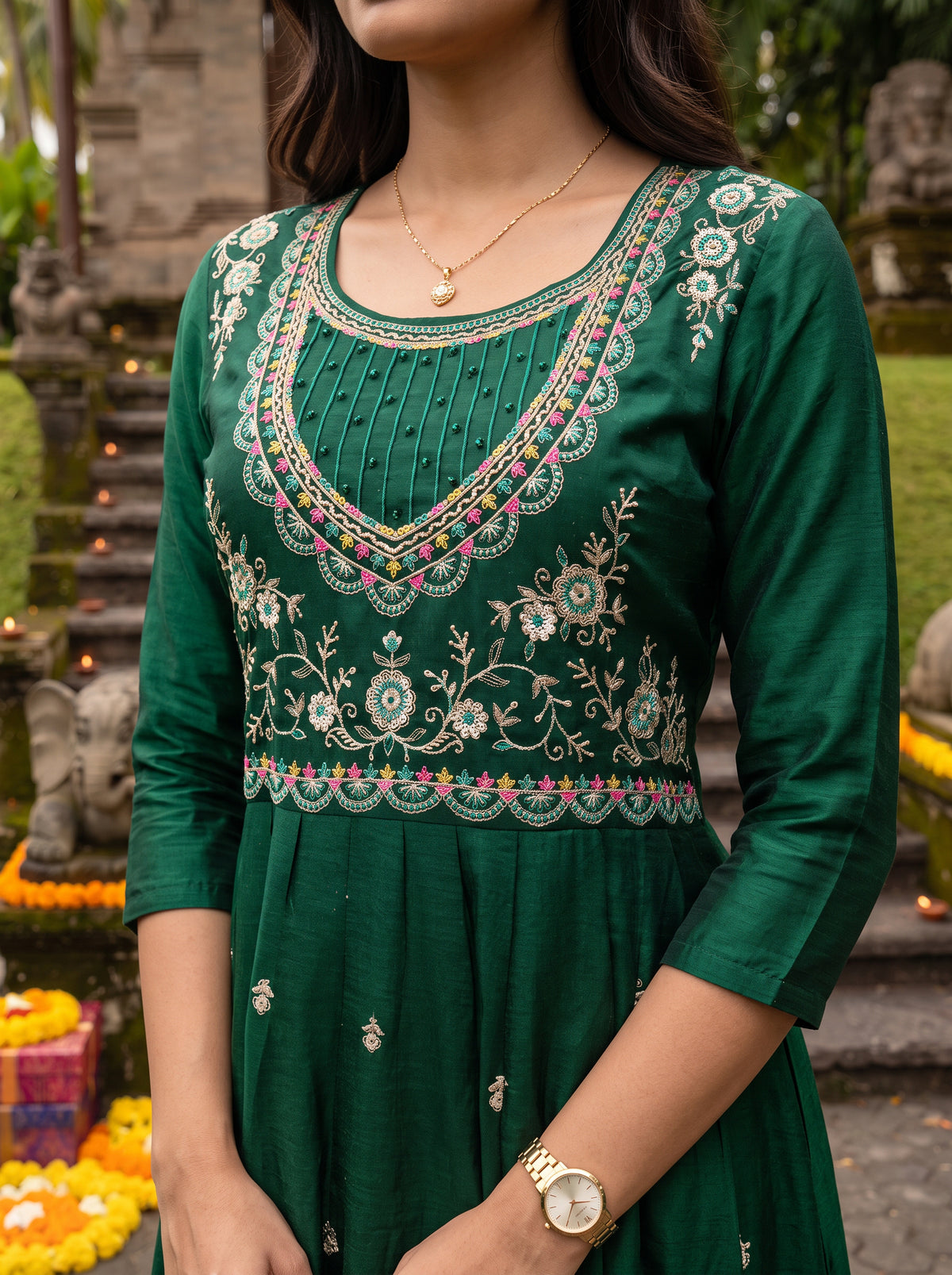Buy Viscose Embroidered Flared Calf Length Kurta With Pant and Dupatta-Green