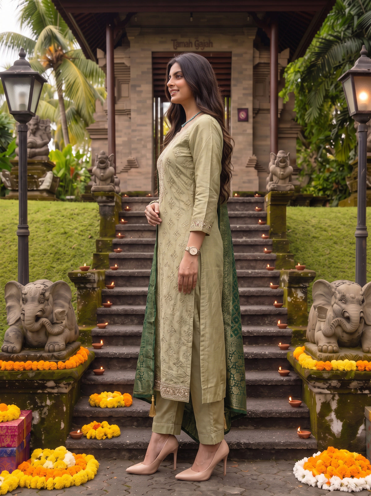 Buy Rayon Embroidered Straight Calf Length Kurta With Pant and Dupatta-Olive