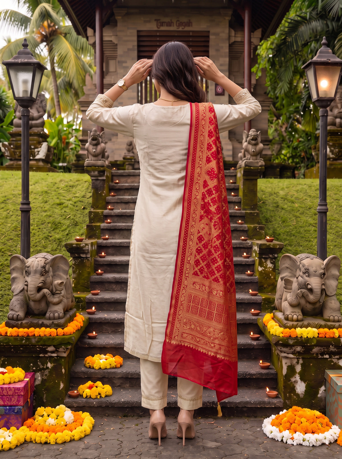 Buy Rayon Embroidered Straight Calf Length Kurta With Pant and Dupatta-Beige