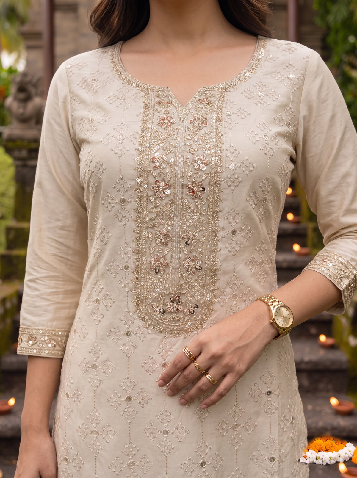 Buy Rayon Embroidered Straight Calf Length Kurta With Pant and Dupatta-Beige