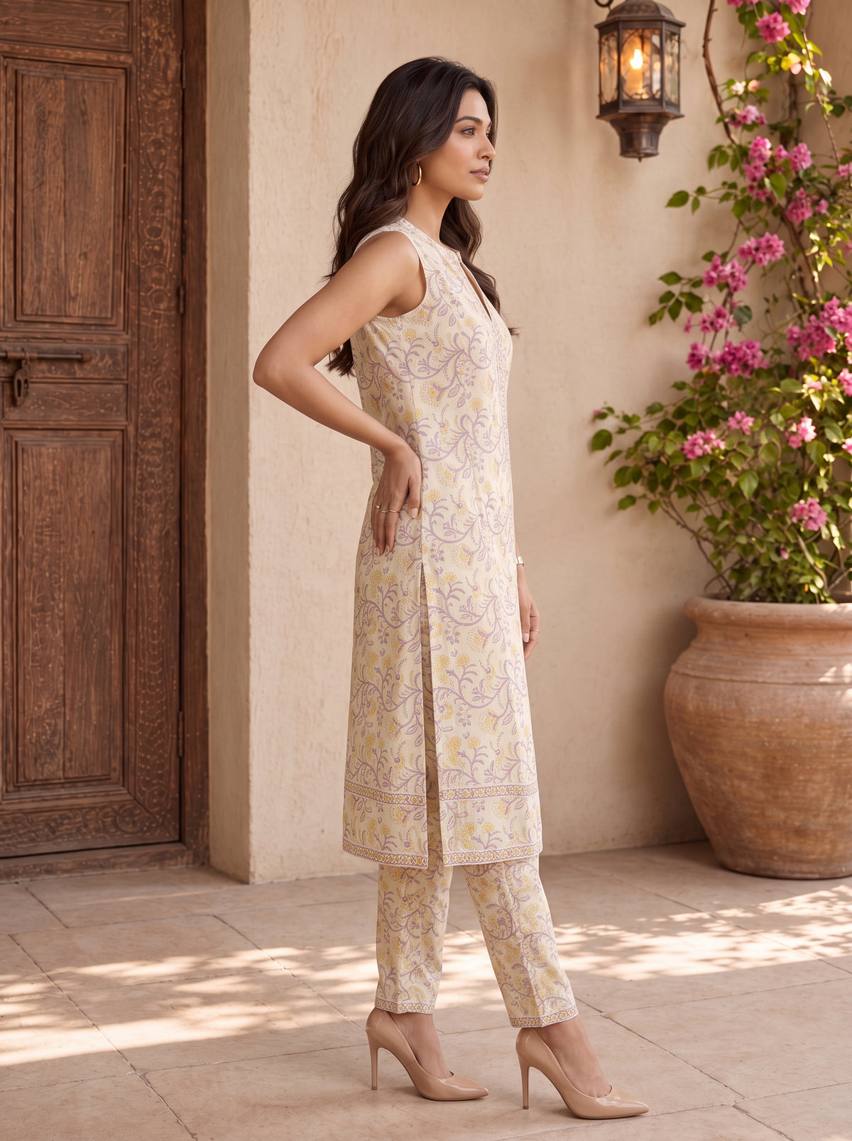 Buy Cotton Printed A-Line Co-Ord Set-Cream