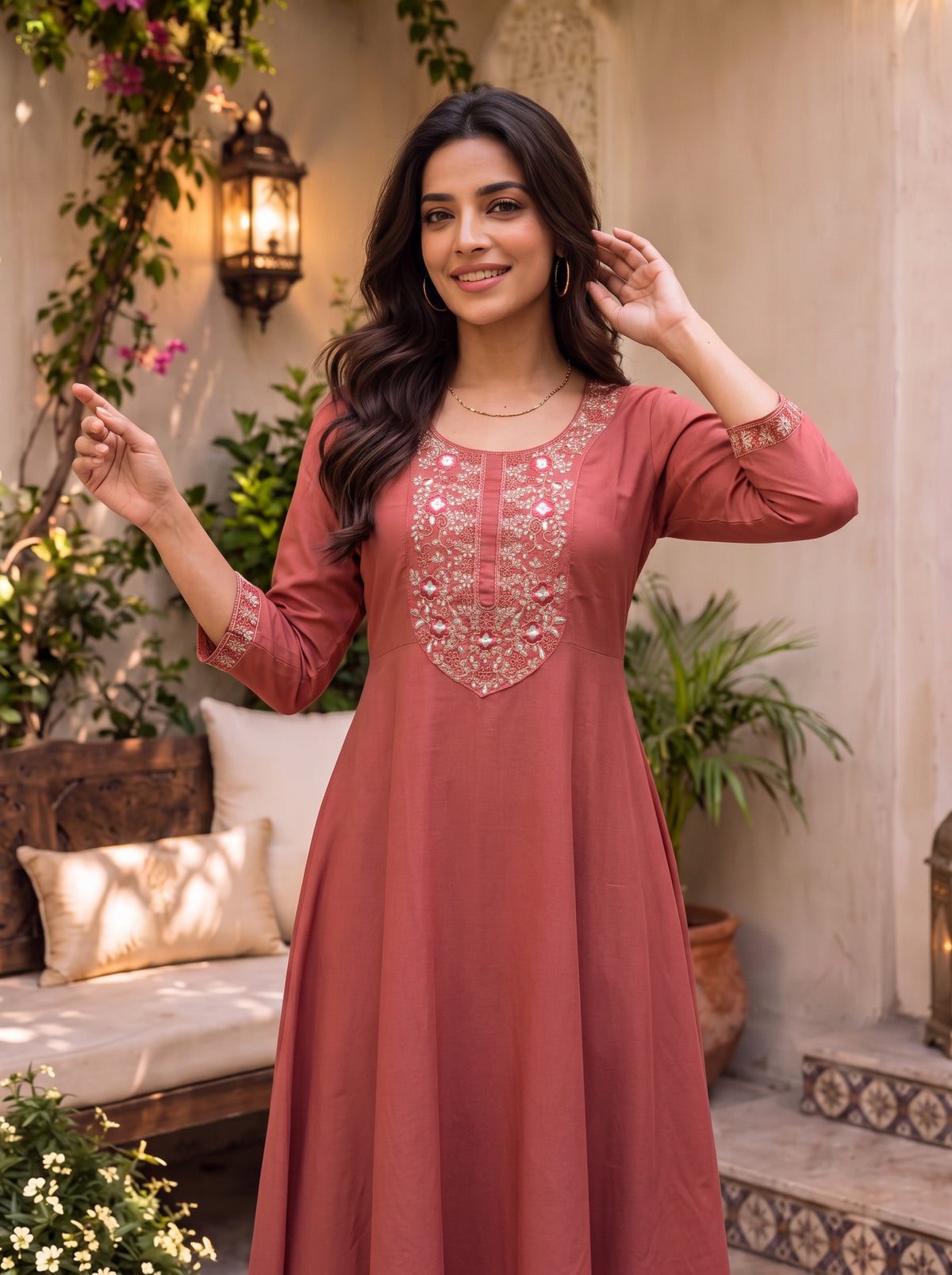 Buy Viscose Embroidered A-Line Co-Ord Set-Red